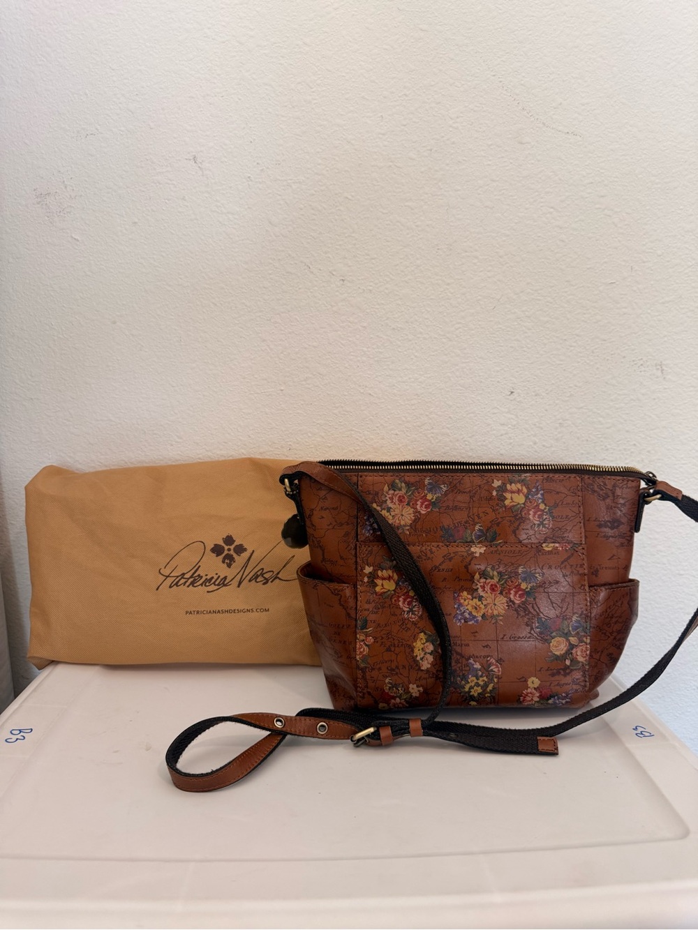 Patricia Nash Brown Floral Map Leather Crossbody